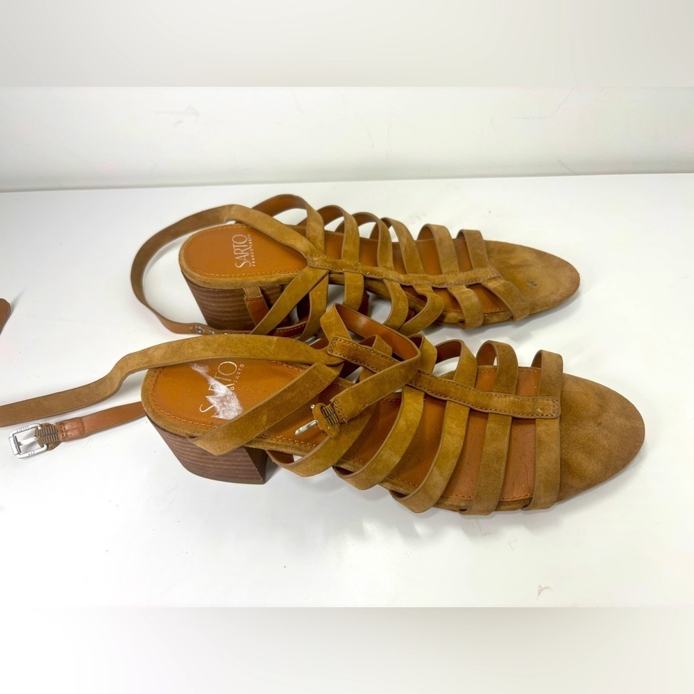 Franco Sarto Suede Gladiator Ankle Lace Up Heeled Sandals Camel Tan Brown 9.5 - Picture 2 of 3